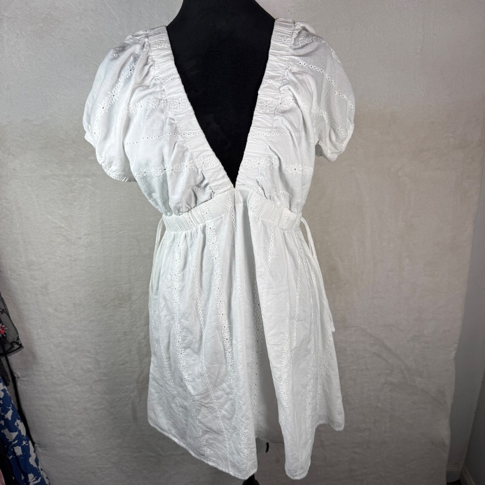 BP White Eyelet V-Neck‎ Puff Sleeve Cotton Mini Dress Large RN58665
